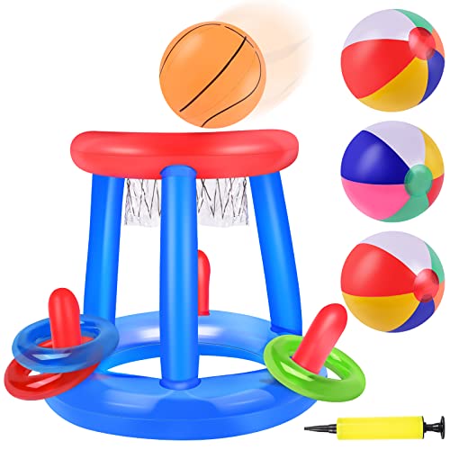 Herefun Aufblasbares Pool-Basketball Spielzeug, 9 Pcs Basketballkorb Set Aufblasbares, Schwimmbecken Basketballspiel mit Kreis & Bälle, Kinder Wasserspiele Wasserspielzeug Wurfspiele-Set für Sommer von Herefun