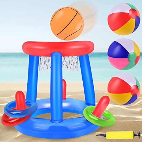 Herefun Aufblasbares Pool-Basketball Spielzeug, 9 Pcs Basketballkorb Set Aufblasbares, Schwimmbecken Basketballspiel mit Kreis & Bälle, Kinder Wasserspiele Wasserspielzeug Wurfspiele-Set für Sommer von Herefun