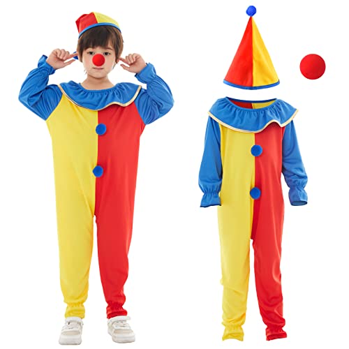 Herefun Clown Kostüm Kinder, Clown Jumpsuit für Jungen Mädchen, Faschingskostüme kinder, Karneval Cosplay Costume mit Hut und Nase von Herefun