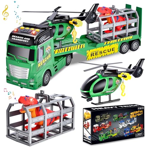 Herefun Dinosaurier Lastwagen Spielzeug, Abschleppwagen Spielzeug mit Hubschrauber Dinosaurier, Reibungsbetrieb Autotransporter, Autotransporter Spielzeug Kinder von Herefun