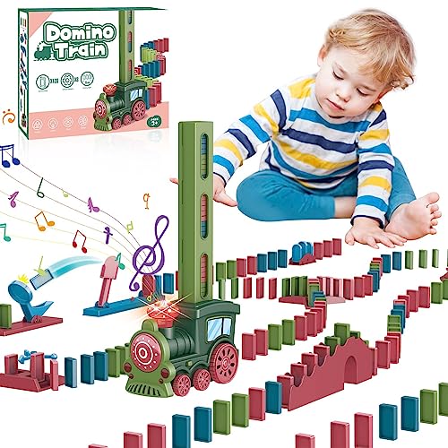 Herefun Domino Zug Spielzeug Set, Automatischer Dominozug Spielzeug mit 120 Stück Dominosteine, Elektrischer Zug mit Licht, Kinder Domino Spiel, Pädagogisches Spielzeug für Mädchen Jungen ab 3 Jahren von Herefun