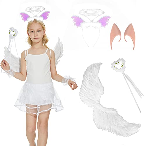 Herefun Engels Flügel Kostüm, 4 Stück Halloween Engelsflügel Kostüm für Kinder mit Zauberstab, Heiligenschein und Elfenohren, Weiße Engelsflügel Deko für Damen Halloween Party Cosplay (Weiß) von Herefun