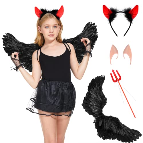 Herefun Engels Flügel Kostüm, 4 Stück Halloween Teufel Kostüm Damen Schwarz mit Zauberstab, Heiligenschein und Elfenohren, Schwarz Engelsflügel Deko für Damen Halloween Party Cosplay (Schwarz) von Herefun