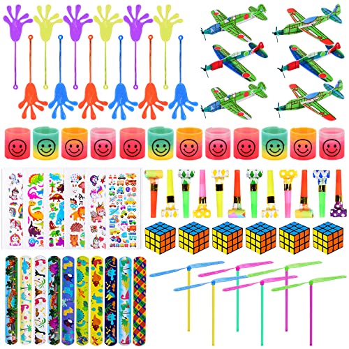 Herefun Kindergeburtstag Gastgeschenke, 70 Teile Kindergeburtstag Mitgebsel Spielzeugset, Kinder Give Aways Schnapparmbänder Mini Zauberwürfel Bambus Libellen Regenbogenspirale Partybeutelfüller von Herefun