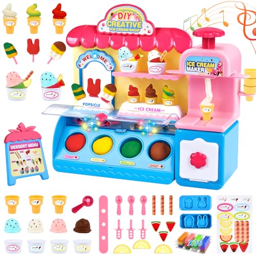 Herefun Knete Dough Set für Kinder, Kitchen Creations Eiscreme Spielset mit 36 Knete Zubehö und 32 Accessoires, Knetwerkzeug Dough Set für Kinder ab 4+ Jahre Weihnachten Geburtstag Spielen Geschenk von Herefun