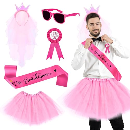 Herefun Männer JGA Kostüm Set, Junggesellenabschied Männer Kostüm, Party Kostüm Herren, JGA Hochzeit Kostüm Deko Zubehör mit Tütü, Krone, Brille, Schärpe, Abzeichen (Pink) von Herefun