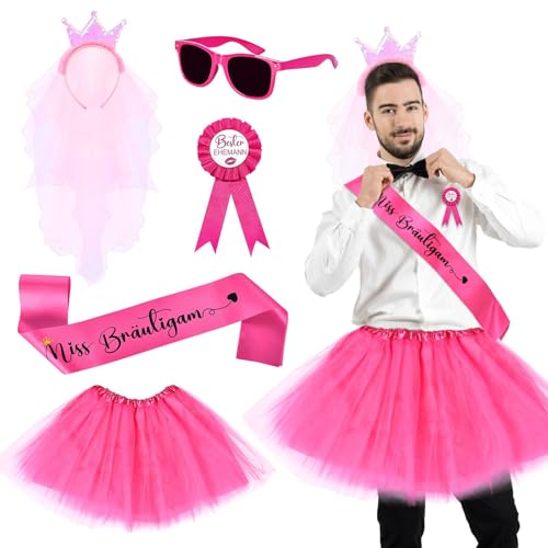 Herefun Männer JGA Kostüm Set, Junggesellenabschied Männer Kostüm, Party Kostüm Herren, JGA Hochzeit Kostüm Deko Zubehör mit Tütü, Krone, Brille, Schärpe, Abzeichen (Rose) von Herefun