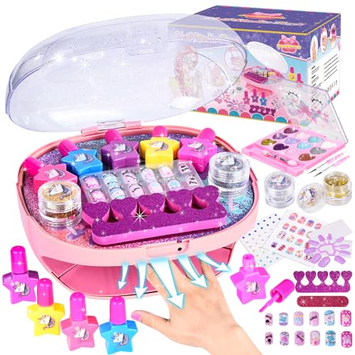 Herefun Nagelstudio Kinder Mädchen, Geschenke für Mädchen Nagellack Set, Nagelkunst Kinder 6 7 8 9, DIY Schminkkoffer Spielzeug, Kinderschminke Set mit Nageltrockner (Rosa) von Herefun