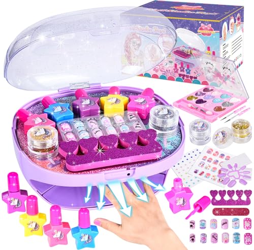 Herefun Nagelstudio Kinder Mädchen, Geschenke für Mädchen Nagellack Set, Nagelkunst Kinder 6 7 8 9, DIY Schminkkoffer Spielzeug, Kinderschminke Set mit Nageltrockner (Violett) von Herefun