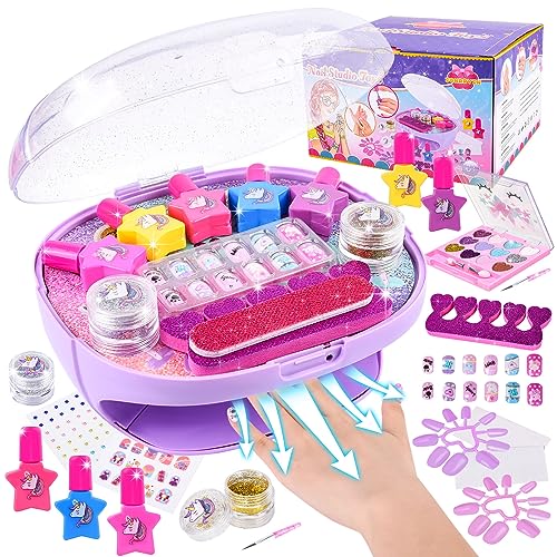 Herefun Nagelstudio Kinder Mädchen, Geschenke für Mädchen Nagellack Set, Nagelkunst Kinder 6 7 8 9, DIY Schminkkoffer Spielzeug (Violett) von Herefun