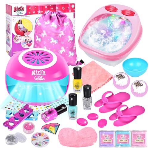 Herefun Nagelstudio Kinder Mädchen, Nagelstudio Set Kinder & Füße Spa, Fußbad mit Hydromassage, Geschenke für Mädchen Nagellack Set, Nagelkunst Kinder 6 7 8 9, DIY Schminkkoffer Spielzeug von Herefun