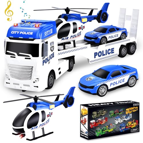 Herefun Polizei Lastwagen Spielzeug (60 cm), Groß LKW Spielzeug, Polizei Tieflader mit Polizeiauto und Hubschrauber, Geschenke für Kinder Jungen 3, 4, 5, 6+ Jahren (Polizei) von Herefun