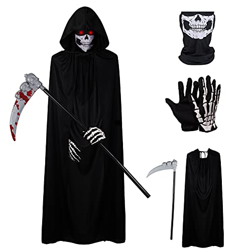 Herefun Sensenmann Kostüm, Halloween Kostüm Sensenmann mit Sense Schädelmaske Kostüme Set für Erwachsene Halloween Dekoration Cosplay Sensenmann Schwarz Umhang mit Kapuze von Herefun