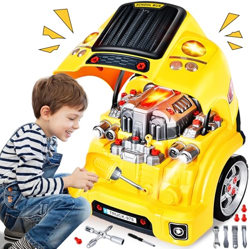 Herefun Auto Schrauben Kinder mit Bohrmaschine, Großer Traktor zum Schrauben Spielzeug Set mit Licht und Sound, Motorblock Reparatur-Funktionen, Lernspielzeug Geschenke Jungen Geburtstag 3-8 Jahre von Herefun