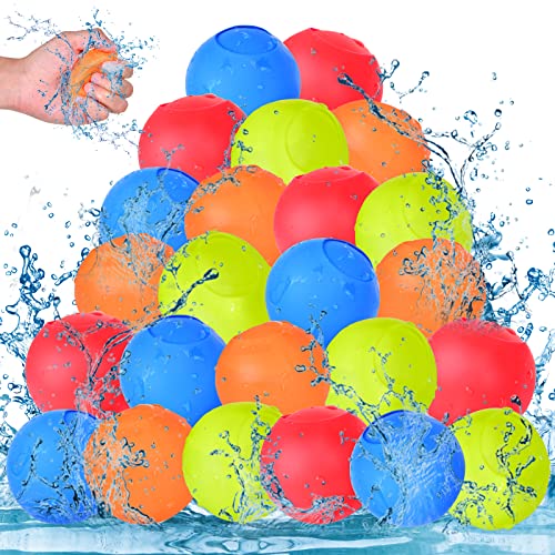 Herefun Wiederverwendbare Wasserballons, 24 Stück Wasserbomben Wiederverwendbar Selbstschließend, Silikon Wasserbälle Schnelles Befüllen, Splash Bälle Set, Outdoor Spielzeug für Kinder Wasserspiele von Herefun