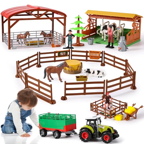 Herenear Bauernhof Tierfiguren Spielzeug, Bauernhof Spielzeug für Kinder, Realistische Tierfiguren Set, Bauernhoftiere Set mit Traktor, Eingezäuntem Anhänger, Zaun, Bauer, Futtersäcken von Herenear