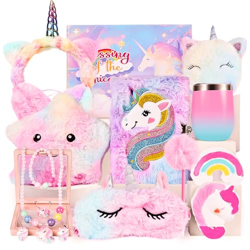 Herenear Einhorn Geschenke für Mädchen, Einhorn Kuscheltier Tagebuch mit Stift Aufkleber Plüsch Schlafmaske Trinkbecher, Geschenke für Mädchen von Herenear