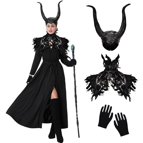 Herenear Halloween Maleficent Kostüm Damen, Böse Königin Halloween Kostüm mit Hörner, Gothic Feder Schalkragen, Hexenkostüm Teufelshörner für Cosplay, Karneval Maskerade Outfits Erwachsene Mädchen von Herenear