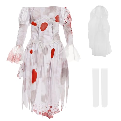 Herenear Halloween Kostüm Damen, Halloween Kleidung mit Blutigem Aufdruck Mädchen, Horror Braut Kostüm mit Kniestrümpfe Schleier für Halloween Karneval Mottoparty Cosplay von Herenear