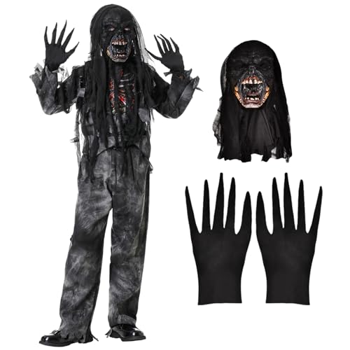 Herenear Halloween Zombie Kostüm Kinder, Gruseliges Lebenden Toten Halloween Zombie Kostüm mit Maske und Handschuhe, Kinder Halloween Monster Rollenspiel für Junge Dress Up Party von Herenear