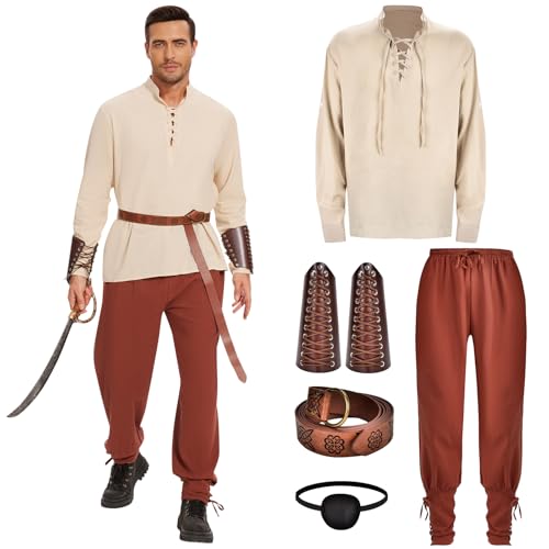 Herenear Herren Renaissance Viking Kostüm, Mittelalter Kleidung Herren, Renaissance Kostüm Set mit Mittelalter Hemd, Piratenhemd Hose, Gürtel, Handgelenkschützer, Piratenflicken Herenear Herren Renaissance Viking Kostüm, Mittelalter Kleidung Herren, Renaissance Kostüm Set mit Mittelalter Hemd, Piratenhemd Hose, Gürtel, Handgelenkschützer, Piratenflicken von Herenear