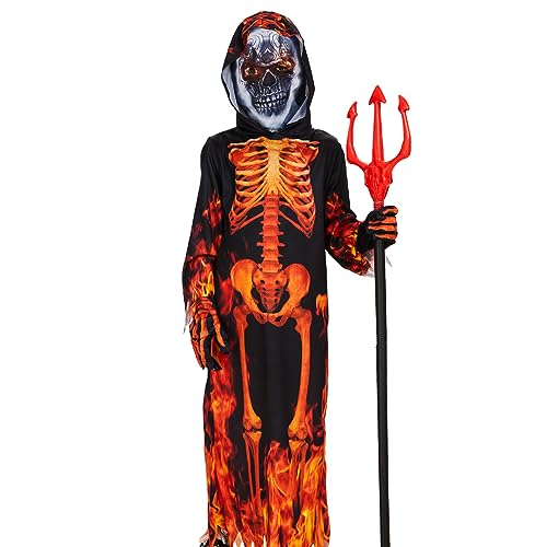 Herenear Kinder kostüm Teuflisches Skelett, Sensenmann Kostüm für Kinder mit Schädelmaske Handschuhen, Skelett Kostüm Halloween Karneval Party Dekoration Cosplay Kostüm Set (M (125-135cm)) von Herenear