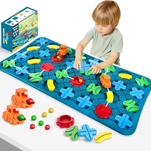 Herenear Logischer Straßenbauer Brettspiele für Kinder 4 5 6 7 8 Jahre, 76 x 38 cm Großes Labyrinth Puzzle Logikspiel Brett mit 2 x Rückzugsbagger, Geschenke Kinderspielzeug ab 4 Jahre Jungen Mädchen von Herenear