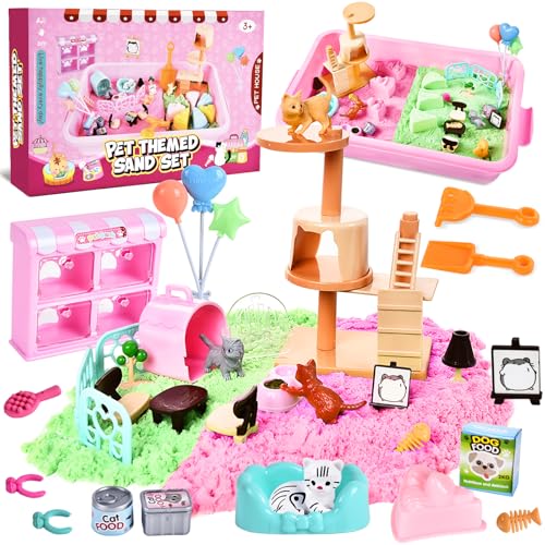 Herenear Sand Sandbox Set, Spielsand mit 1kg Knetsand, Katzenpuppen und 30 Tierpflege Zubehör, Zaubersand Faltbarer knetsand Koffer Sensorisch Sandspielzeug für Kinder ab 3 4 5 6 7 von Herenear