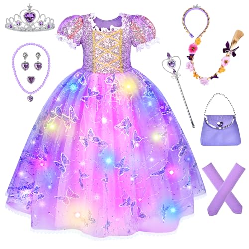 Herenear Leuchtendes Rapunzel Kostüm Kinder, LED Prinzessin Kleid Mädchen von 3-12 Jahren, Karneval Kostüm Mädchen mit Haarband, Ärmelabdeckung, LED Prinzessin Mädchenkleid für Fasching, Cosplay Party von Herenear