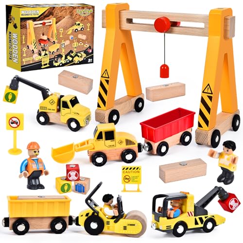 Herenear Magnetisch Fahrzeug Spielzeug, Baustelle Kinder, Holz Konstruktions Fahrzeuge Geschenk, Baukästen aus Holz mit Portalkran, Kranwagen, Straßenwalze, Kran, Bagger Spielzeug von Herenear