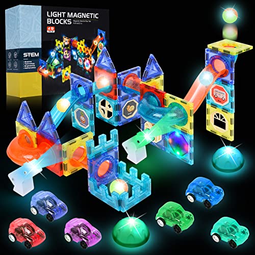 Herenear Magnetische Bausteine, 75 PCS Magnet Konstruktion Bauen Blöcke Set, Magnetspielzeug 3D Lernspielzeug Magnetic Bauklötze Magnetspiele mit 6 Auto Geschenk für 3 4 5 6 7 8 Jahre von Herenear