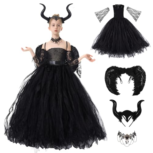 Herenear Maleficent Kostüm Mädchen Kinder, 5tlg Böse Königin Halloween Kostüm Set, Cosplay Hexenkostüm mit Hörner Flügel Kette, Prinzessin Fasching Karneval Verkleidung Partykleid Outfits (L) von Herenear