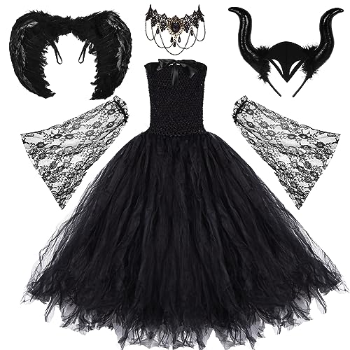 Herenear Maleficent Kostüm Mädchen Kinder, 5tlg Böse Königin Halloween Kostüm Set, Cosplay Hexenkostüm mit Hörner Flügel Kette, Prinzessin Fasching Karneval Verkleidung Partykleid Outfits (S) von Herenear