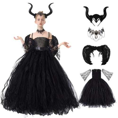 Herenear Maleficent Kostüm Mädchen Kinder, 5tlg Böse Königin Halloween Kostüm Set, Cosplay Hexenkostüm mit Hörner Flügel Kette, Prinzessin Fasching Karneval Verkleidung Partykleid Outfits (XL) von Herenear