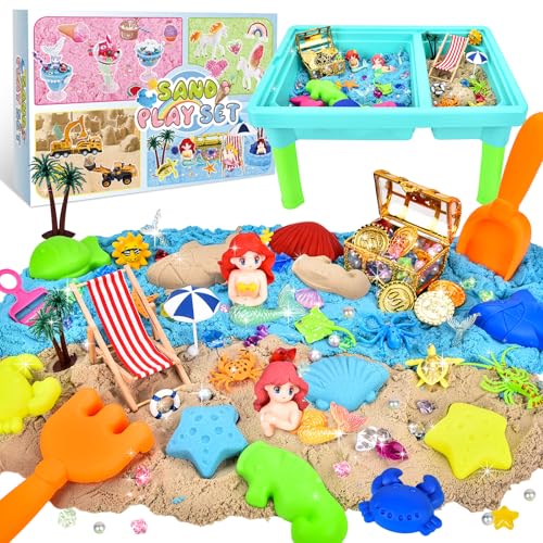 Herenear Sand Sandbox Set, Geschenke für Mädchen Meerjungfrau Spielsand Koffer mit 1200g, Strandwerkzeuge Sensorisch Sandspielzeug Zaubersand, Kinder Bastelsets Geschenk von Herenear