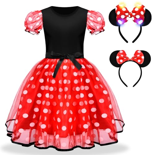 Herenear Minnie Mouse Kostüm Kinder, Mini Maus Kostüm für Mädchen ab 1 2 3 4 5 6 Jahren, Rosa Tupfen Geburtstagskleid mit Maus Ohren Haarreif, Kinderkleid für Karneval Cosplay Fasching Party (110) von Herenear