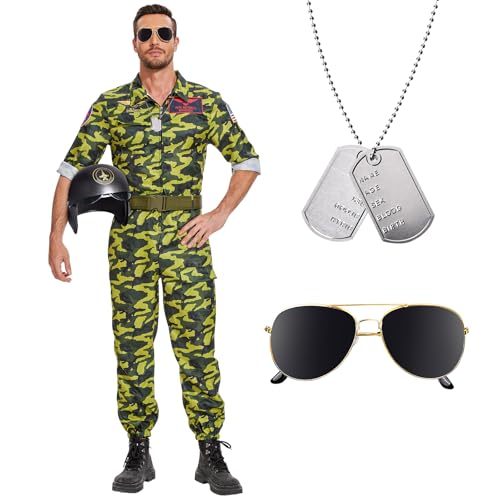 Herenear Pilot Kostüm Herren, Pilot Overall Herren Kostüm, Kampfjet Pilot Halloween Herren, Kostüm Kampfjetpilot Erwachsene, Pilotenanzug Camouflage, Flieger Faschingskostüme Cosplay Party Karneval von Herenear