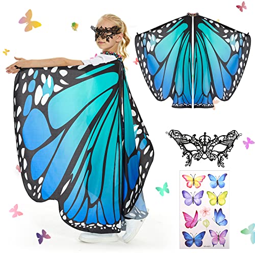 Herenear Schmetterling Sling Umhang für Kinder, 3 Stück Schmetterling Flügel Kostüm Fee, Schmetterlingsflgel Mit Augenmaske Mädchen Prinzessin Party Elfen Cosplay Faschingkostüme 136 x 105cm (Cape B) von Herenear