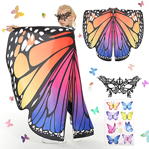 Herenear Schmetterling Sling Umhang für Kinder, 3 Stück Schmetterling Flügel Kostüm Fee, Schmetterlingsflgel Mit Augenmaske Mädchen Prinzessin Party Elfen Cosplay Faschingkostüme 136 x 105cm (Cape R) von Herenear