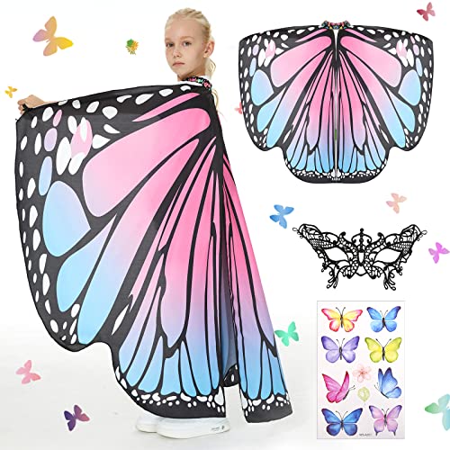 Herenear Schmetterling Sling Umhang für Kinder, 3 Stück Schmetterling Flügel Kostüm Fee, Schmetterlingsflgel Mit Augenmaske Mädchen Prinzessin Party Elfen Cosplay Faschingkostüme 136 x 105cm (Cape P) von Herenear