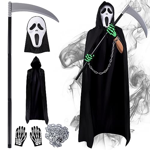 Herenear Scream Kostüm Erwachsene, Halloween Sensenmann Kostüm Set, Ghostface costume mit Ghost Maske, Handschuhen, Sense, Ketten, Halloween Karneval Horror Outfit für Herren Damen von Herenear