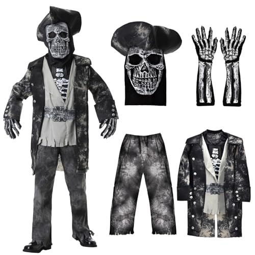 Herenear Skelett Kostüm Kinder, Halloween Zombie Kostüm mit Skelettmaske und Handschuhe, Halloween Lebenden Toten Gruseliges Teuflisches Kostüm für Kinder Karneval Party Cosplay (M, 140-160cm) von Herenear