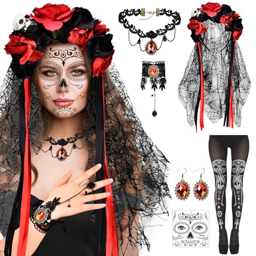 Herenear Tag der Toten Haarreif, Dia de Los Muertos Haarreif Schleier, Halloween Haarreif, Damen Kostüm Accessoires mit Gesicht Tattoos und Leggings von Herenear