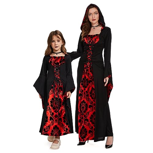 Herenear Vampirkönigin Kinder Kostüm, Halloween Kostüm Kinder, Mittelalter Kleid Mädchen, Gotisch Kapuzen Vampirkostüm mit Halskette, Kleid Mädchen für Halloween Karneval Cosplay Mottoparty (4-6 Jahr) von Herenear