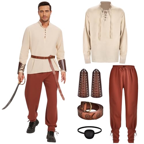 Herenear Herren Renaissance Viking Kostüm, Mittelalter Kleidung Herren, Renaissance Kostüm Set mit Mittelalter Hemd, Piratenhemd Hose, Gürtel, Handgelenkschützer, Piratenflicken von Herenear