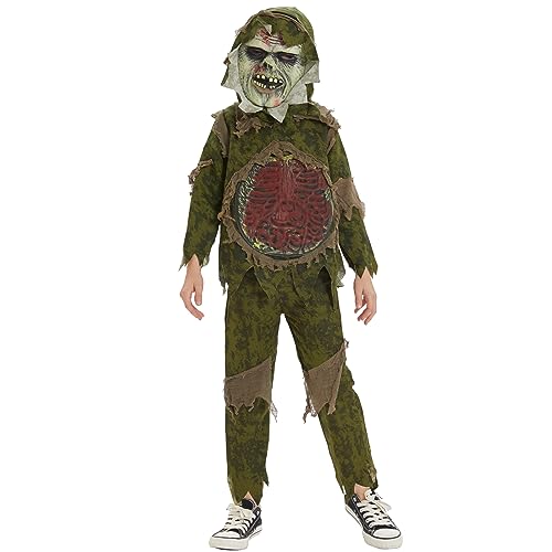 Herenear Zombie Kostüm Kinder, Halloween Kostüm Kinder, Gruseliges Lebenden Toten Halloween Skelett Zombie Kostüm mit Zombie Maske, Hemd und Hose für Dress Up Party Partys Karneval Cosplay von Herenear