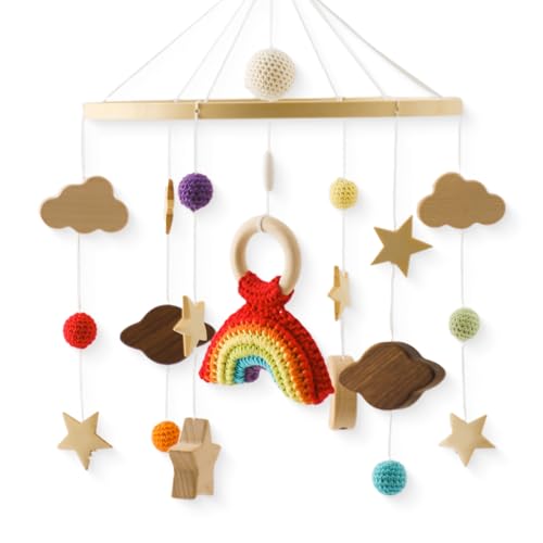 Babybett Mobile Baby Windspiel, Sterne Monde und Regenbögen Handgefertigt Baby Mobile Babybett Holz für Baby Mädchen oder Jungen,Bettglocke Anhänger zum Aufhängen Babybett Kinderbett (Regenbogen) von Herfair