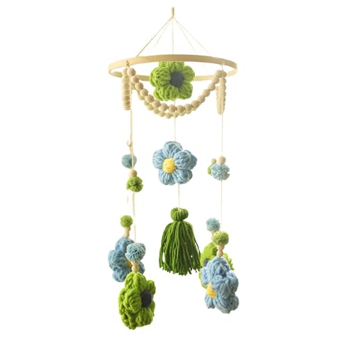 Blume Mobile Baby, 3D Blumen Mobile Baby Holz mit Filzbällen,Baby Windspiele Mädchen Bettglocke Anhänger für Babybett Jungen und Mädchen (Blau + Grün) von Herfair