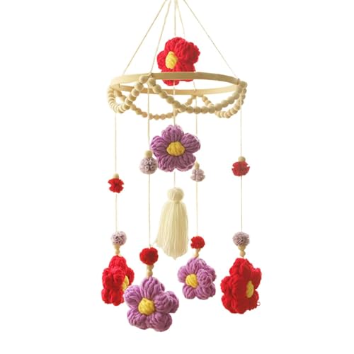 Blume Mobile Baby, 3D Blumen Mobile Baby Holz mit Filzbällen,Baby Windspiele Mädchen Bettglocke Anhänger für Babybett Jungen und Mädchen (Lila + Rot) von Herfair