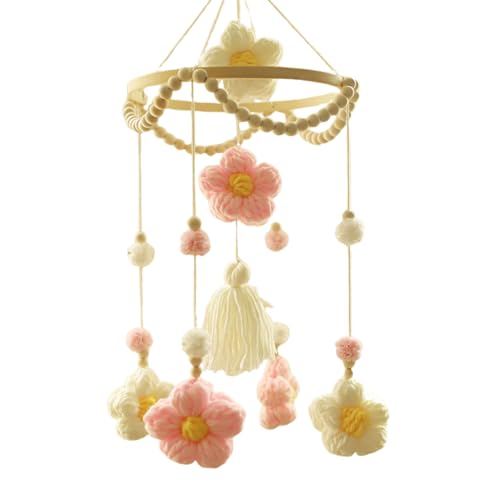 Blume Mobile Baby, 3D Blumen Mobile Baby Holz mit Filzbällen,Baby Windspiele Mädchen Bettglocke Anhänger für Babybett Jungen und Mädchen (Rosa + Weiß) von Herfair